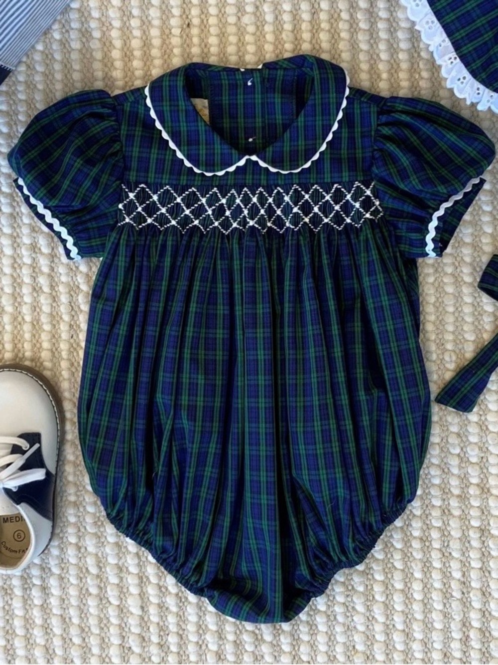 EUC Beaufort Bonnet Company Blue & Green Plaid Smocked Romper with White Trim